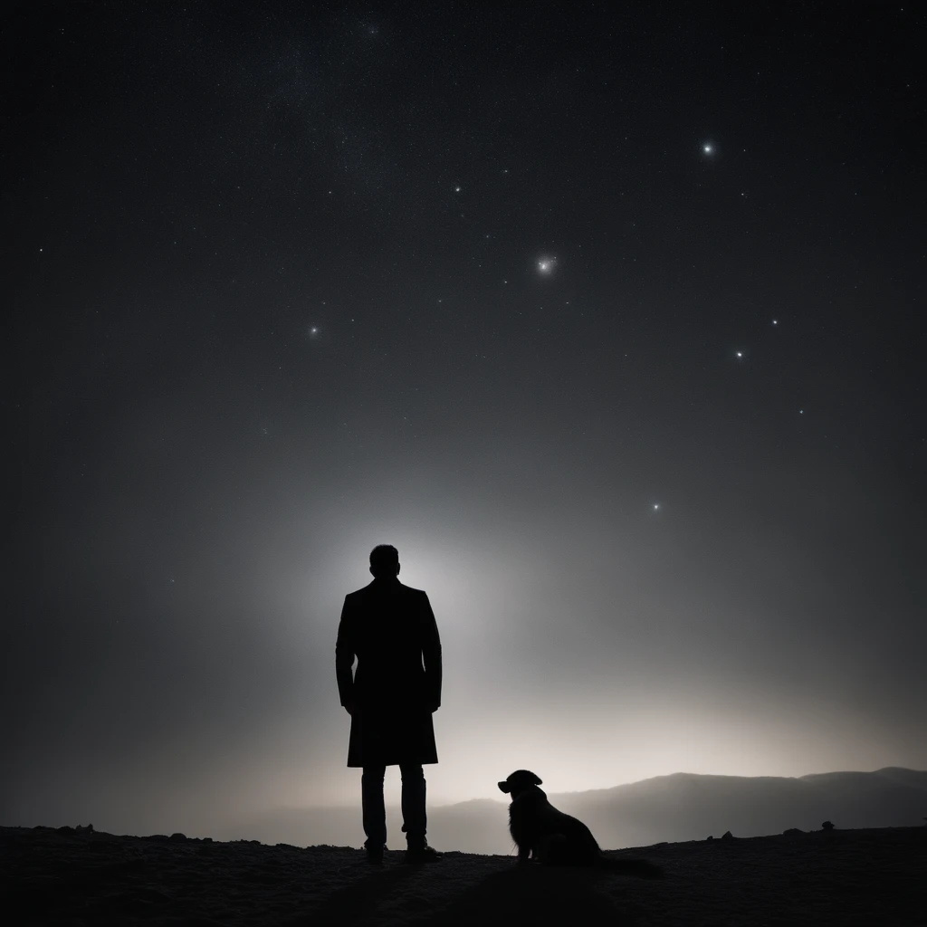 A lonely man looks at the astronomy and the stars in black. He has a dead dog and his soul is in the sky