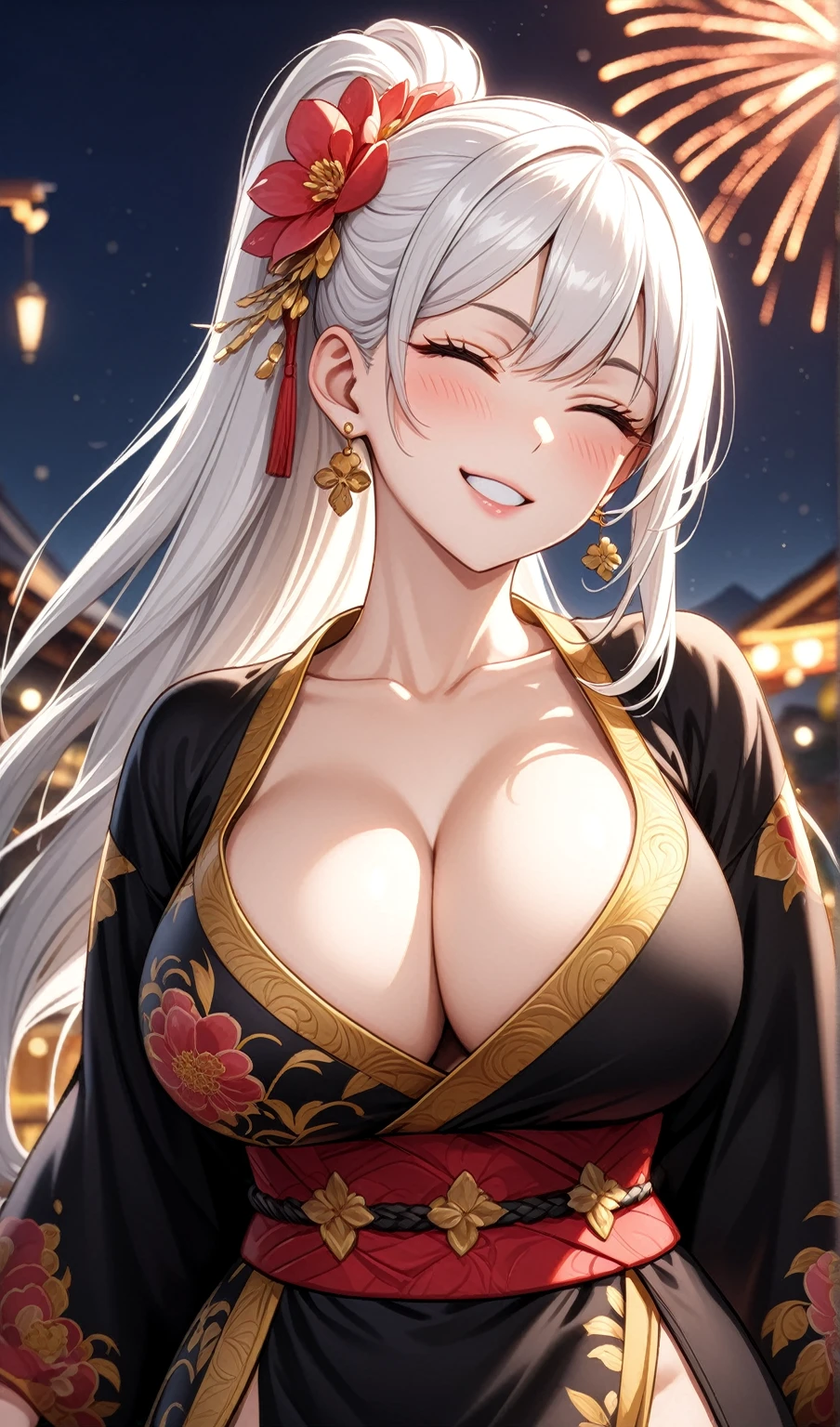 ((one personの女性)), Beautiful Face,Expressions of embarrassment and kindness,Laugh shyly,((Wink:2.0)),turn bright red,Glossy pink lips,night,Fireworks mountain((Anime style background)),masterpiece, highest quality, so beautiful, up to date, Complex details, (Pink long nails),AI-generated, Complex,High resolution, highest quality, super high quality,3D Images、View your audience、3D Images,one person,Long white hair,High Ponytail,blue eyes,Anime woman posing for a photo, [[Fine grain、Colorful eyes、Shining Eyes:1.15]],(Squint your eyes:1.1),a hyperRealistic , hyperRealistic , Realistic,Long haired white haired anime woman, Smooth anime CG art, A woman in a colorful kimono with gold embroidery, (Black kimono),Red floral pattern,Long flower hair ornament,Big earrings,(Big Breasts:1.2),Mature Body,expensive,Big Ass,Fine details,Tight waist,Abdominal muscles,(Face close-up:1.5),