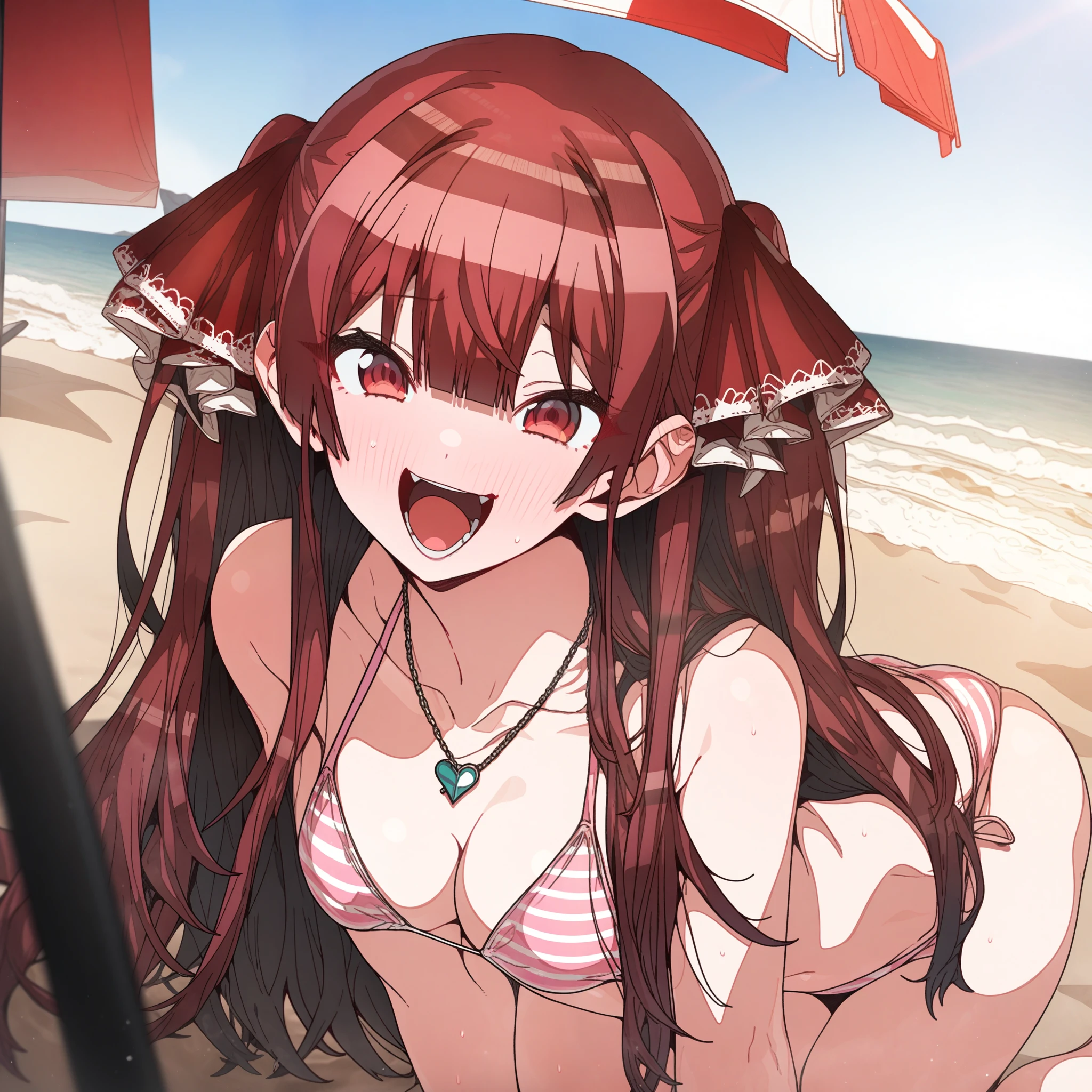 houshou_marine, Artist, erere, Copyrights, idolmaster, idolmaster_shiny_colors, Character, General, 1girl, red_hair, blunt_bangs, blush, large_breasts, breasts, smile, brown_eyes, censored, long_hair, striped bikini, pink_bikini, frilled_bikini, navel, open_mouth, raised_eyebrows, teeth, two_side_up, (full_body) (on_side, beach_umbrella), sky, [detailed, sand, outdoors], looking_at_viewer, facing_viewer, masterpiece, best_quality, great_quality, girl, solo, center_composition, centered character, 
