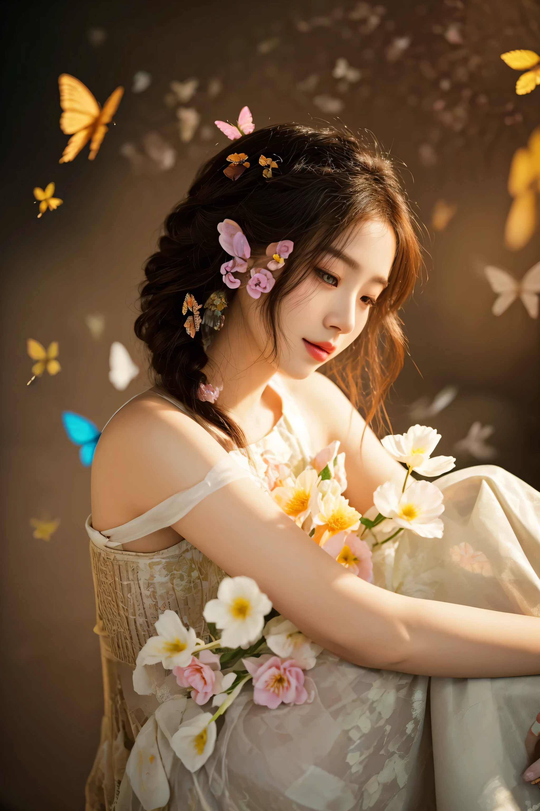 there is a woman sitting on a chair with flowers and butterflies in her hair, photo taken with nikon d 7 5 0, photo taken with nikon d750, ethereal beauty, by Tang Sin Yun Sandara, 8k artistic portrait photography, by Jin Nong, portrait shot, korean artist, by Ye Xin, soft portrait shot 8 k, by Li Song