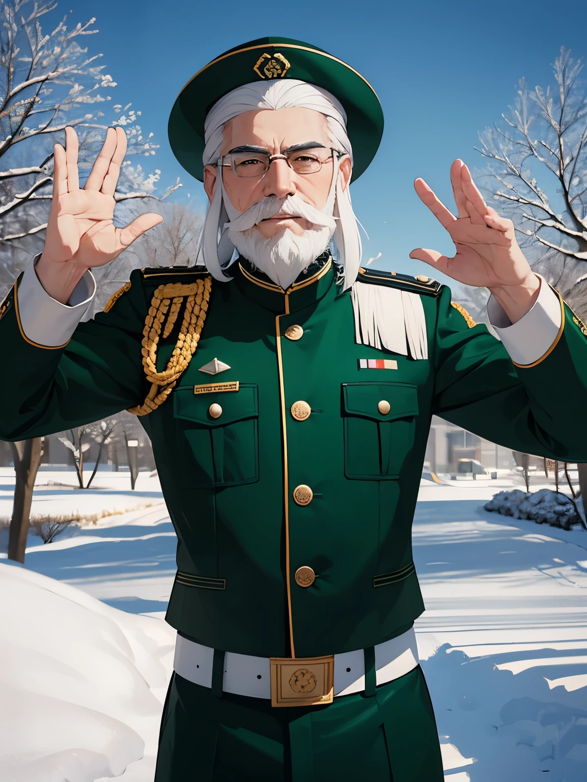 1Adult, 50 years old, white hair, Narrow eyes, Korean,green army uniform,Wave hands,mustache and beard, black eyes, standing,At night, in the park,smile, blizzard,half body photo
