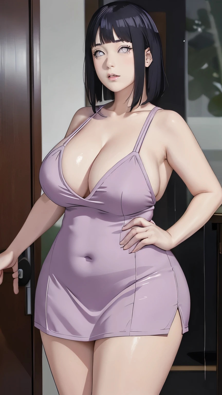 Chubby, Curve, thick, Made, absurderes, Hinata\(Boruto\), 1girll, Solo,Mature female, view the viewer,Perfectcomposition, Detailed lips, big breast, Beautiful face, body chubby, Blush, (white lips), Long hair, Purple eyes, Soft gaze, angry smile, Super realistic, Detailed, photoshoot, Realistick faces and bodies,(perspire,Sweat a lot,Blushlush,Be red in the face,Blushlush),(Bigboobs),japanese house,Stand at the door,natta,raining day, ((short dress)), ((cleavage)), sideboob, dark hair, sleeveless, thighs, full body