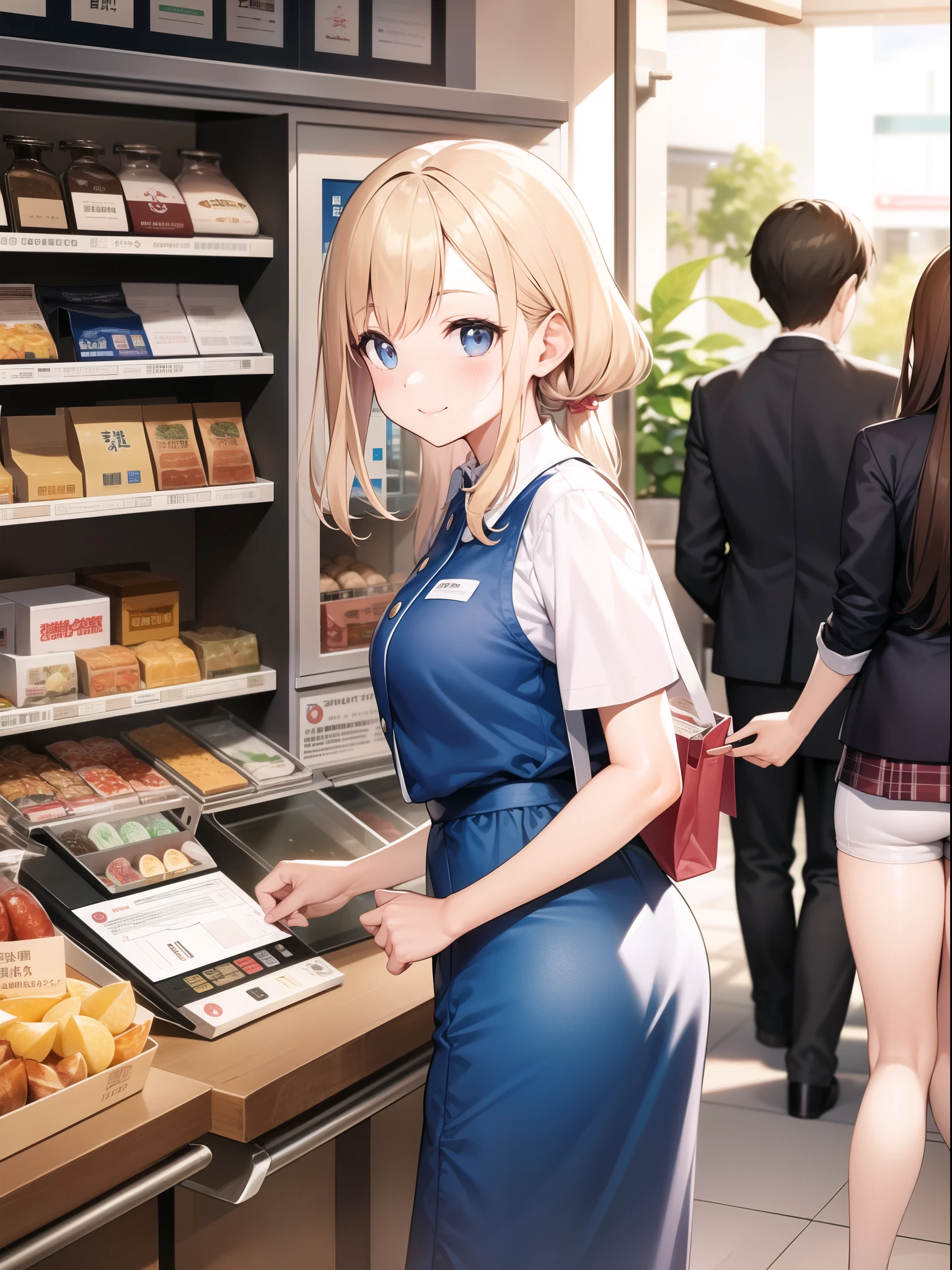 At the cash register of a convenience store、A smiling female sales clerk in a blue uniform is handing a bag to a customer。The inside of the store is bright、Natural light pours in through the window。In the background you can see the cash register and shelves.、The store has a clean and orderly atmosphere.。The guests are dressed casually、is received amicably。This scene、It depicts the warm hospitality and everyday shopping scenes at convenience stores.。