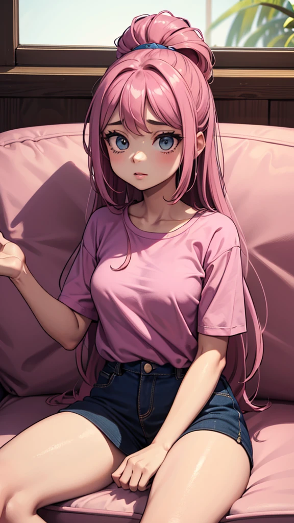 (higher resolution, distinct_image) The best quality, a woman, masterpiece, highly detailed, semi realistic, 21 years old, beautiful, young, handsome, t-shirt, lilac shirt pulled, collar on neck, interior, modern room, window, wake up, morning, blush, smiling