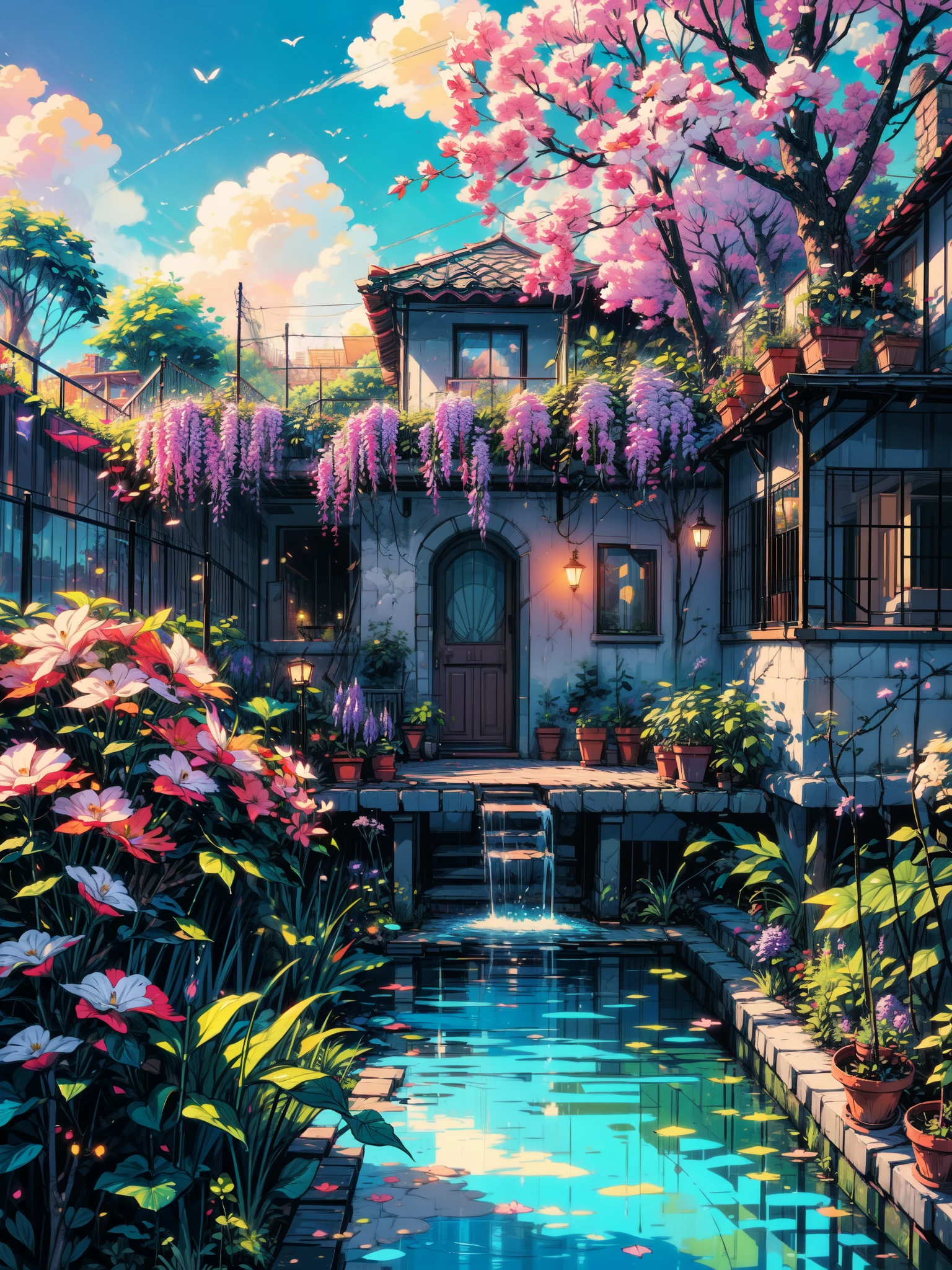 wide view, balcony view of a castle, monstera delioca plants pots, morning time, river, boat, wisteria trees, bushes, white fencing, plant pots, beautiful weather, illustration, vibrant tones, shining clouds, thick lines, cozy tones, beautiful sky, ghibli style, outdoors, cozy atmosphere, micro landscape, intrinsic details