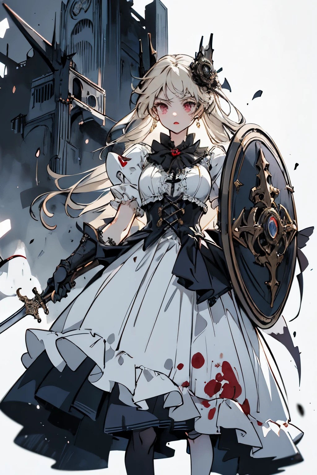 ((best quality)), ((masterpiece)), (detailed), blank white background, plain background, white background, Bloodborne inspired,  occult aesthetic, occult, detailed and intricate steampunk and detailed gothic, (zentangle, mandala, tangle, entangle),  NSFW, torn clothing, Very dramatic and cinematic lighting, cosmic horror, grim-dark, side-lighting, perfect face, a beautiful goddess adorned and enshrined in armour, Bloodborne inspired , occult aesthetic , occult , detailed and intricate steampunk and detailed gothic , wielding a sword and holding a shield, NSFW, Fluttering lace flared long knee length dress with frilly petticoats, knee length dress, pleated petticoats, lolita dress, petticoats gothic lolita, side-lighting, gothic lolita aesthetic, beautiful small breasts, small breasts, full body, whole body, body, plain background, white background, blank background, no background, white background NSFW, full body, whole body, head-to-toe