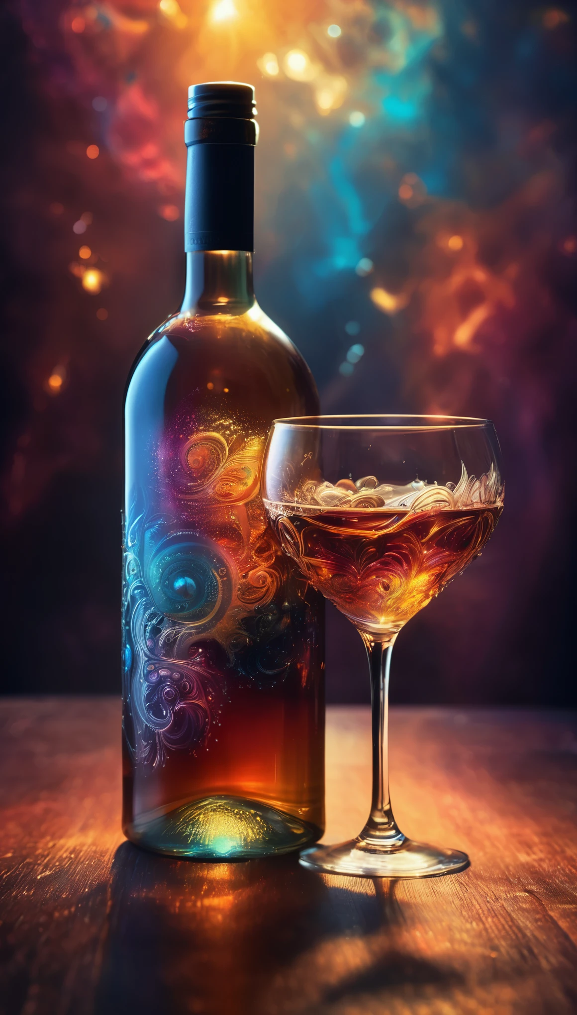 wine bottle and glass, masterpiece, fantasy, digital art, highly detailed, overall detail, atmospheric lighting, Awash in a haze of light leaks reminiscent of film photography, awesome background, highly detailed styling, studio photo, intricate details, highly detailed, cinematic, , ,
