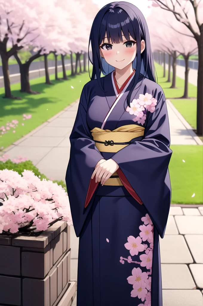 standing, outdoors, garden, cherry blossoms, kimono, black hair, very long hair, blush smile, blue hair, black eyes, gundou_misuzu, misuzu_gundou