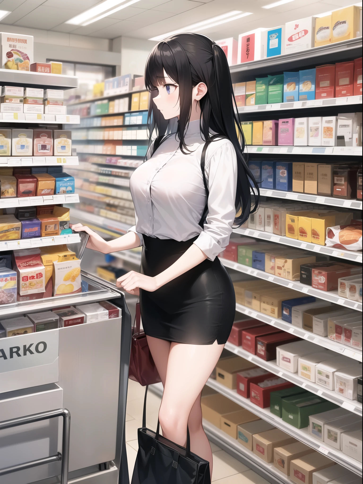 In a convenience store、A young woman in black clothes is looking at the shelves。The woman is carrying a black bag、A serious look on her face as she selects a product。In the background, various products are lined up.、The interior of the store is bright and well-organized.。