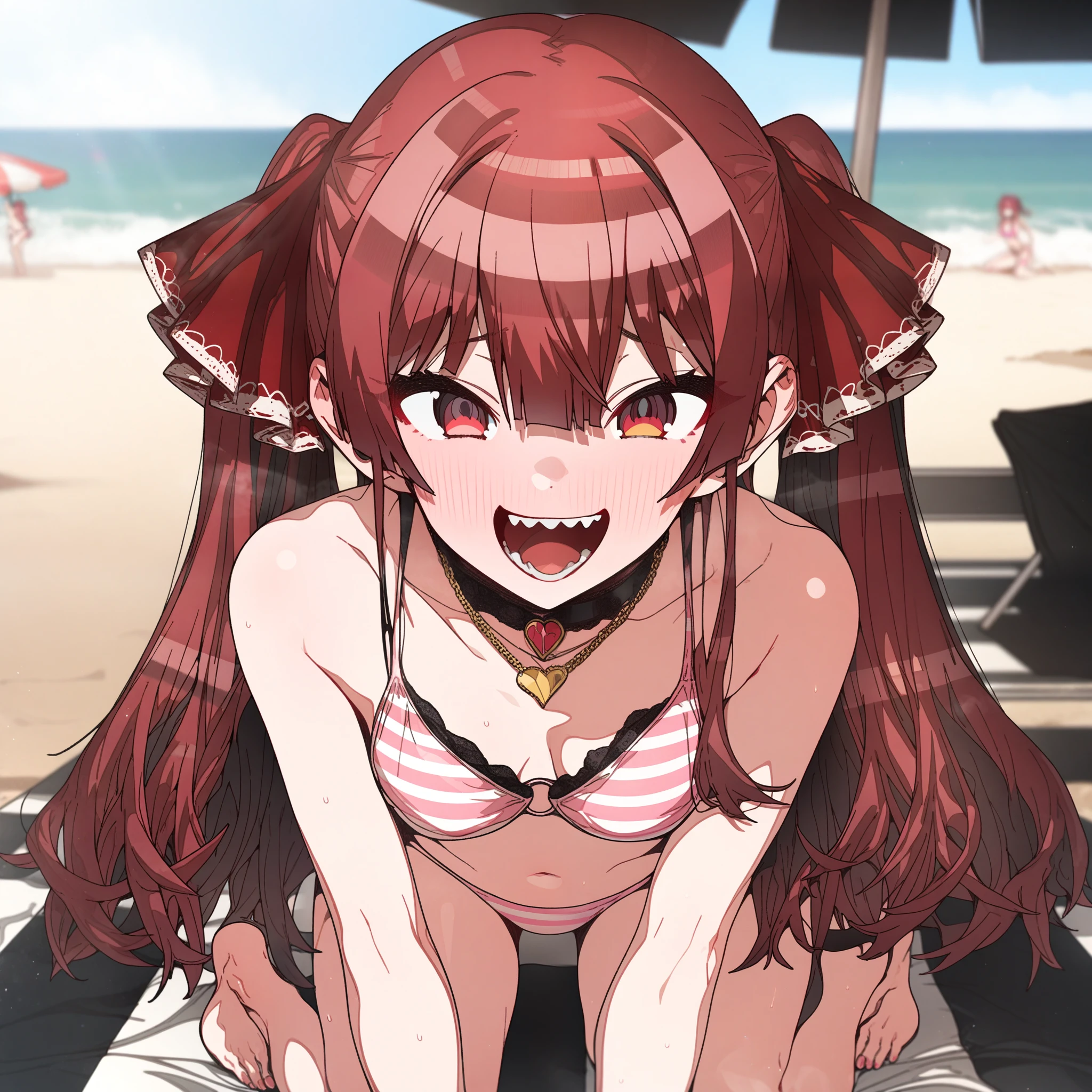 houshou_marine, Artist, erere, Copyrights, idolmaster, idolmaster_shiny_colors, Character, General, 1girl, red_hair, blunt_bangs, blush, large_breasts, breasts, smile, brown_eyes, censored, long_hair, striped bikini, pink_bikini, frilled_bikini, navel, open_mouth, raised_eyebrows, teeth, two_side_up, (full_body) (kneeling, facing_viewer, beach_umbrella), sky, [detailed, sand, outdoors], looking_at_viewer, facing_viewer, masterpiece, best_quality, great_quality, girl, solo, center_composition, centered character,
