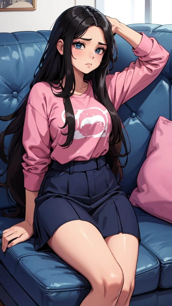 puffed girl with long hair sitting on a sofa in a pink shirt, 18 anos de