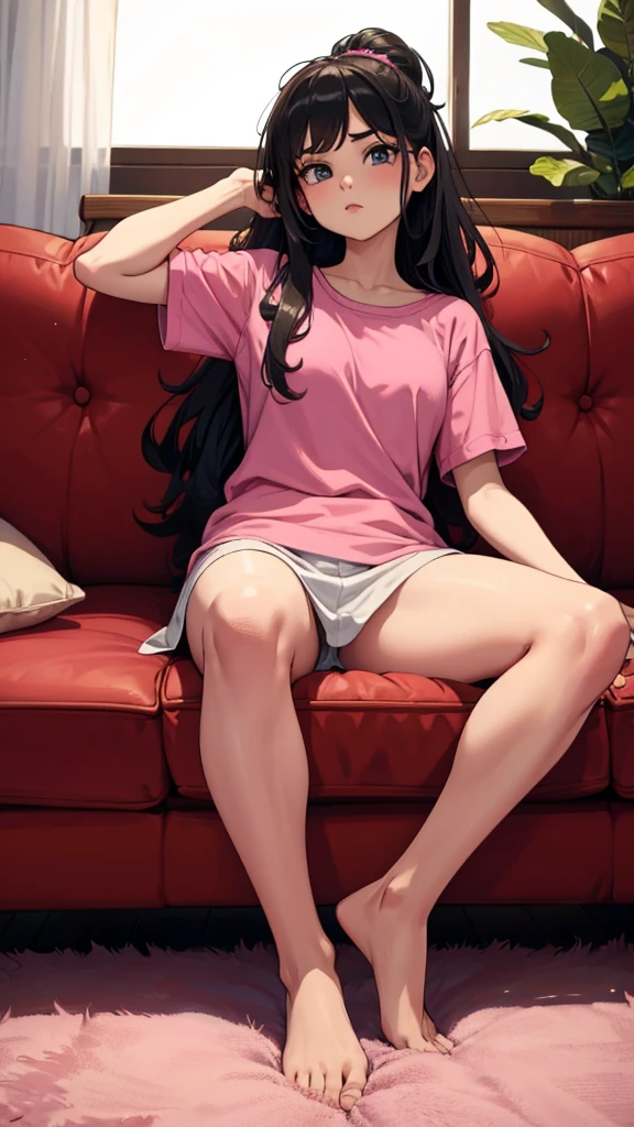 puffed girl with long hair sitting on a sofa in a pink shirt, 18 anos de