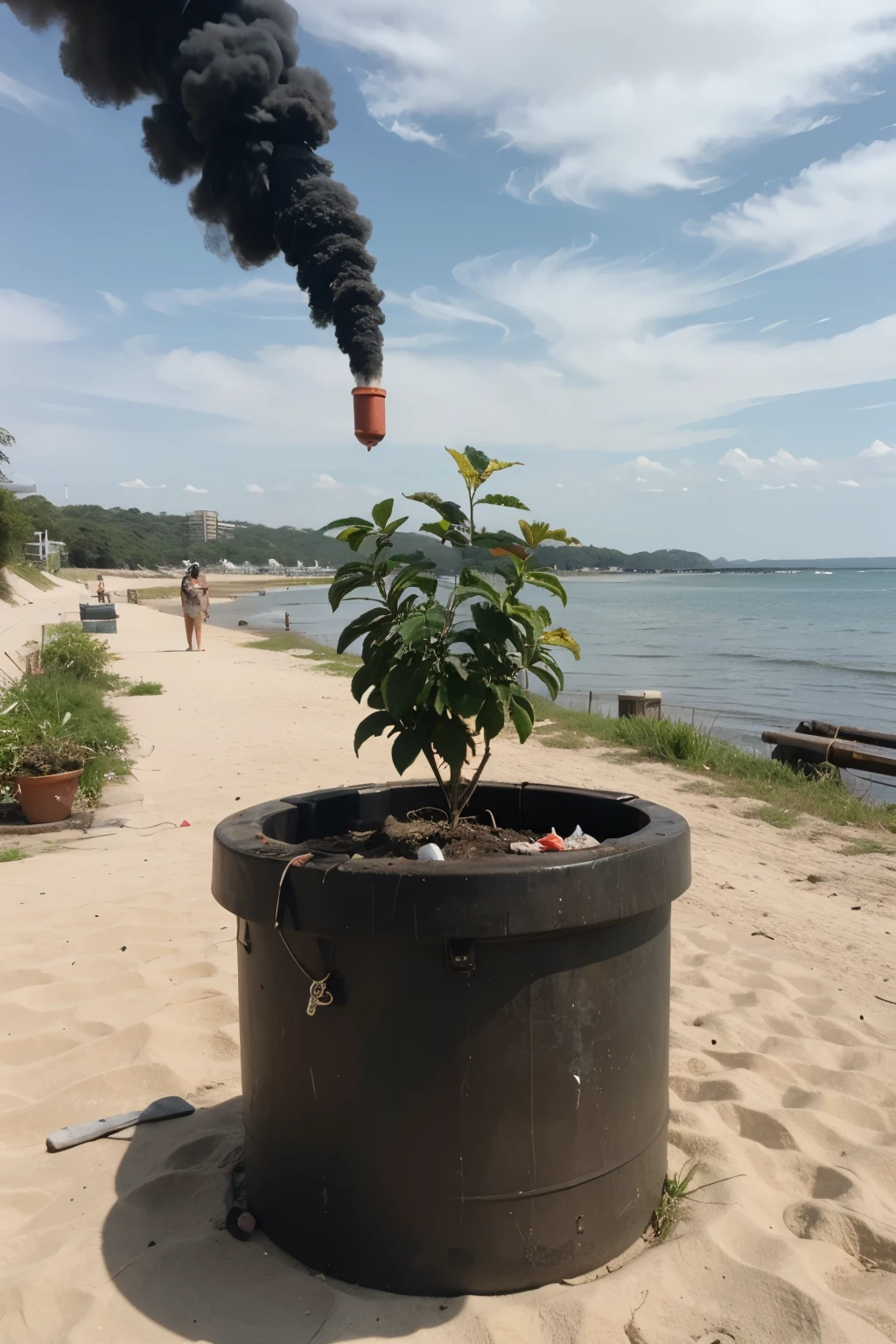 draw a plant on the shore where there is a pipe coming out with waste , the plant has pipes from which smoke comes out
