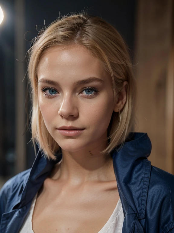 femme blonde, 21 ans, aux yeux bleus et aux cheveux longs posant pour une photo, portrait doux 8 k, beautiful cinematic natural skin, beautiful photorealistic face, manteau rouge tour
