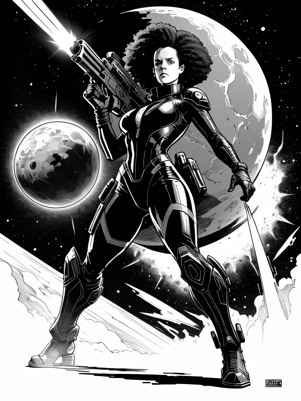  giant alien monster on the planet inside the spaceship Sigourney Weaver she using a huge gun to kill alien,explosion, Bela arte de linha, black and white comic style, manga art style, pencil and ink caricature drawing, black and white coloring,arte vector preto e branco