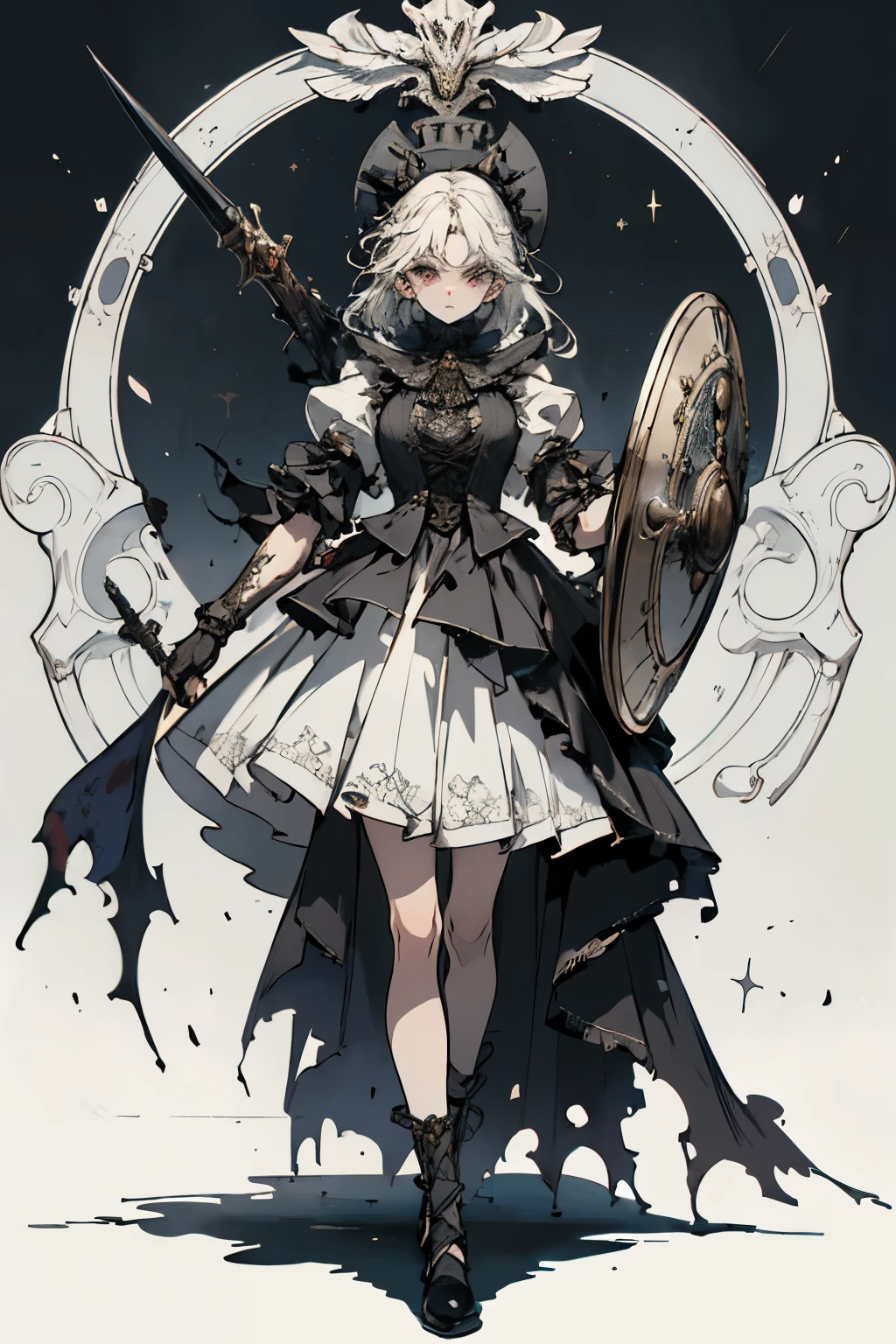 ((best quality)), ((masterpiece)), (detailed), blank white background, plain background, white background, Bloodborne inspired, occult aesthetic, occult, detailed and intricate steampunk and detailed gothic, (zentangle, mandala, tangle, entangle), NSFW, torn clothing, Very dramatic and cinematic lighting, cosmic horror, grim-dark, side-lighting, perfect face, a beautiful goddess adorned and enshrined in armour, Bloodborne inspired , occult aesthetic , occult , detailed and intricate steampunk and detailed gothic , wielding a sword and holding a shield, NSFW, Fluttering lace flared long knee length dress with frilly petticoats, knee length dress, pleated petticoats, lolita dress, petticoats gothic lolita, side-lighting, gothic lolita aesthetic, beautiful small breasts, small breasts, full body, whole body, body, plain background, white background, blank background, no background, white background NSFW, full body, whole body, head-to-toe