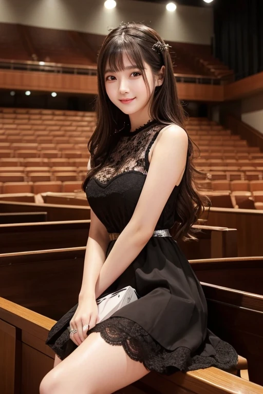Image quality is top quality、photograph、Japanese、girl、20 years old、Singer-songwriter、Black lace dress、Delicate lace details、Black top、Black Mini Skirt、A kind smile、Mysterious look、A sweet and seductive look、Great beauty、So cute!、Friendly impression、Blonde semi-long hair、Delicate face、Pale makeup、Clear skin、Radiant skin、Skin shining with sweat、Large Breasts、Sweaty and shiny thighs、Plump thighs、White glutinous skin、Sexy pose、relaxing、Singing in a concert hall。The lights in the concert hall are dim、girlはスポットライトで照らされている。