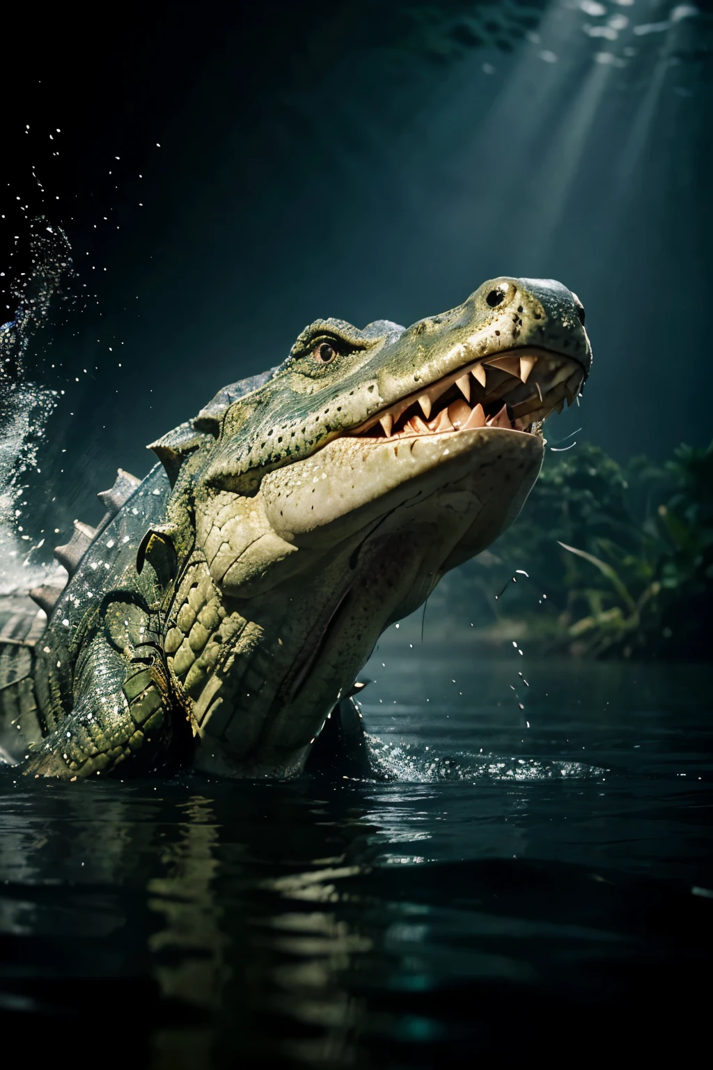 Scary crocodile in the water eating big fish