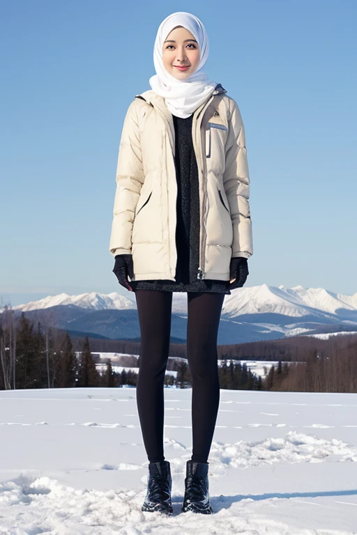 Japanese muslim girl, modern plain hijab, perfect body figure, hooded puffer jacket, snow landscape