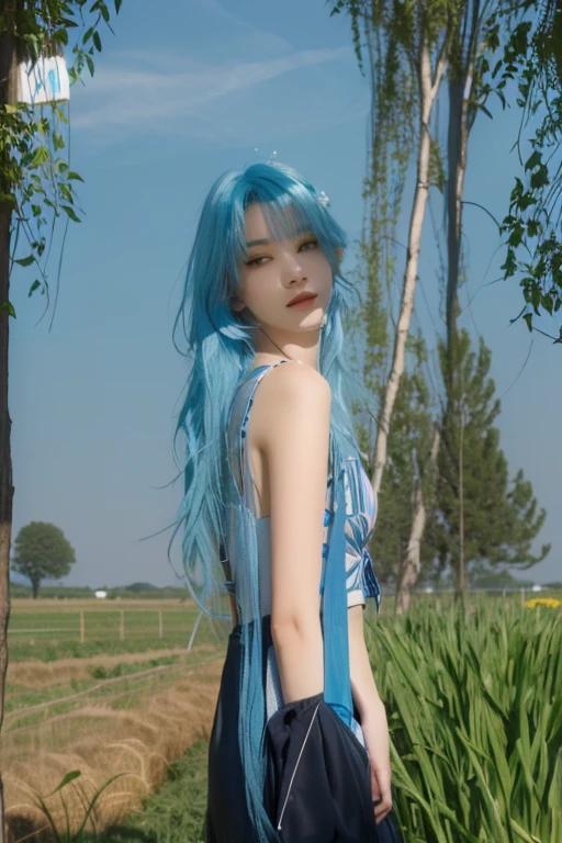there is a woman with blue hair holding in a field,