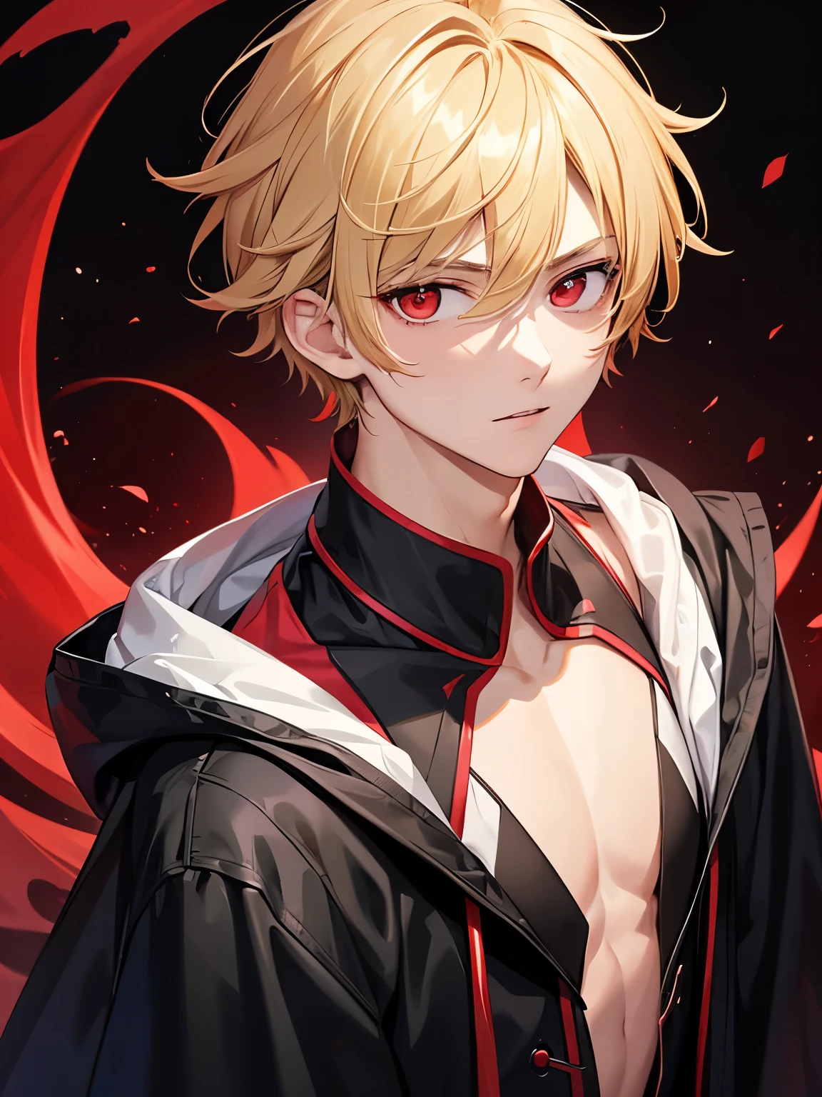 1boy,handsome,18 years old,half body photo,half body photo,Perfect face, HD face, ultra detailed face, short hair, blonde hair, messy hair, bright red eyes,Vampire outfit,Black robe,ultra detailed, ultra HD