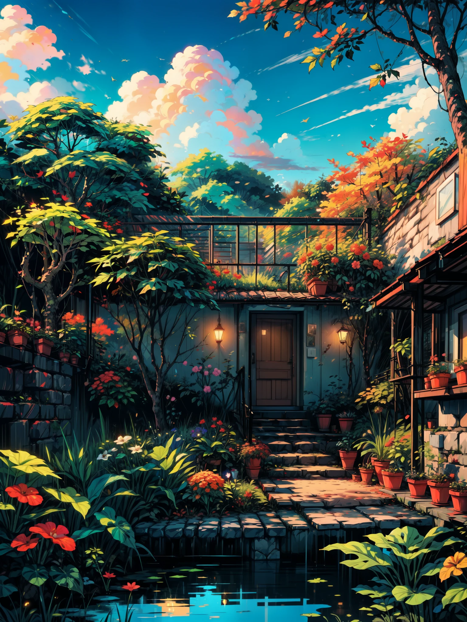 wide view, plant nursery of monstera delioca plants, evening time, tropical forest, autumn, reflection, flowery bushes, spring, greenery, multi storey, stairs, norway, beautiful weather, windy, illustration, vibrant tones, shining clouds, thick lines, cozy tones, beautiful sky, ghibli style, outdoors, cozy atmosphere, micro landscape, intrinsic details