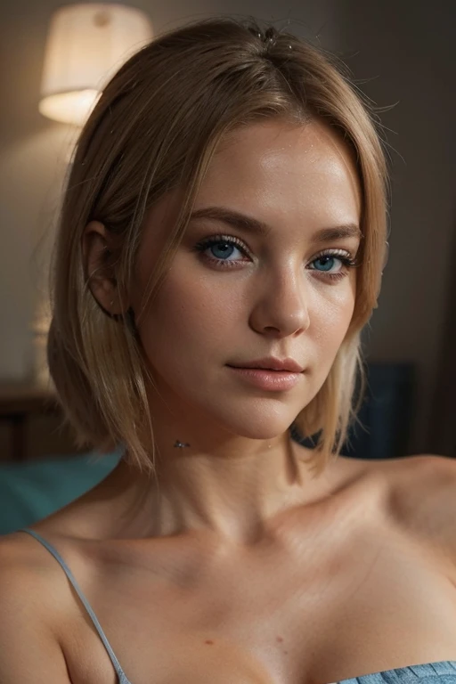 ultra detailed photo of a 30 years old beautiful woman,short straight blonde hair , thin pointy nose, ultra detailed face, beautiful big dark and light green eyes ,big eyelashes, no makeup, suntan, slender, wearing lingerie, busty, warm natural color, kneeling, sad face