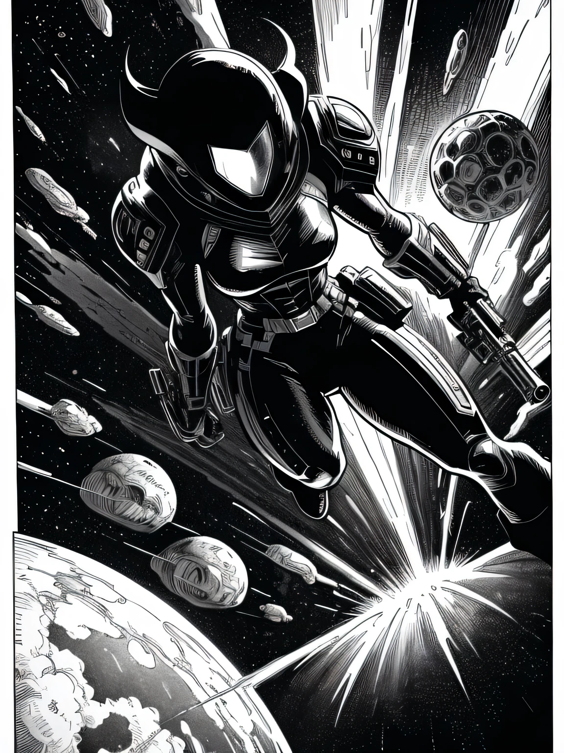 giant alien monster on the planet inside the spaceship Sigourney Weaver she using a huge gun to kill alien,explosion, Bela arte de linha, black and white comic style, manga art style, pencil and ink caricature drawing, black and white coloring,arte vector preto e branco