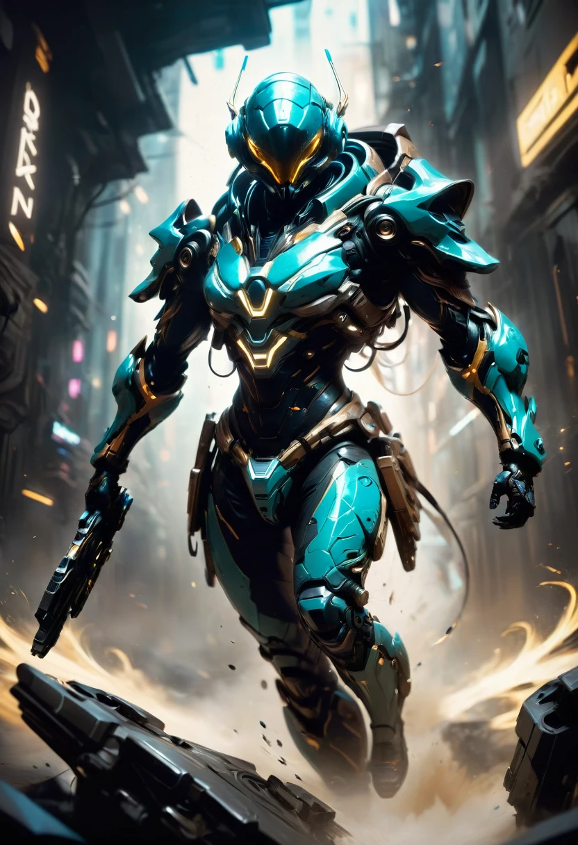 Tight Combat Suit, Warframe, weapon, run, Motion Blur, by Benedick Bana, best quality, masterpiece, very aesthetic, perfect composition, intricate details, ultra-detailed