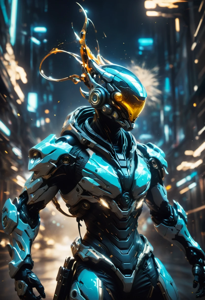 Tight Combat Suit, Warframe, weapon, run, Motion Blur, by Benedick Bana, best quality, masterpiece, very aesthetic, perfect composition, intricate details, ultra-detailed
