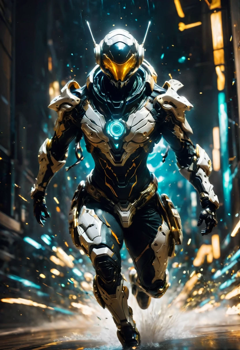 Tight Combat Suit, Warframe, weapon, run, Motion Blur, by Benedick Bana, best quality, masterpiece, very aesthetic, perfect composition, intricate details, ultra-detailed