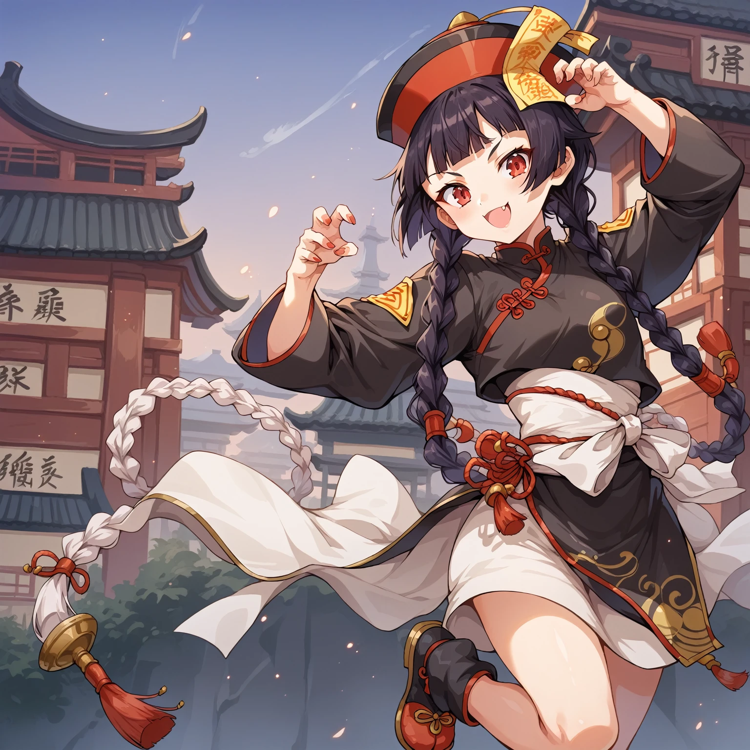 score_9, score_8_up, score_7_up, source_anime,masterpiece, best quality, high resolution, extremely detailed CG, absurdres, highres, 1girl, solo, jiangshi, twin braids, blunt bangs, red eyes, qingdai guanmao with a ofuda, Chinese clothes, claw, ((kung fu pose)), small fangs, cute, kawaii, better_hands, sunglass on head, China building in background