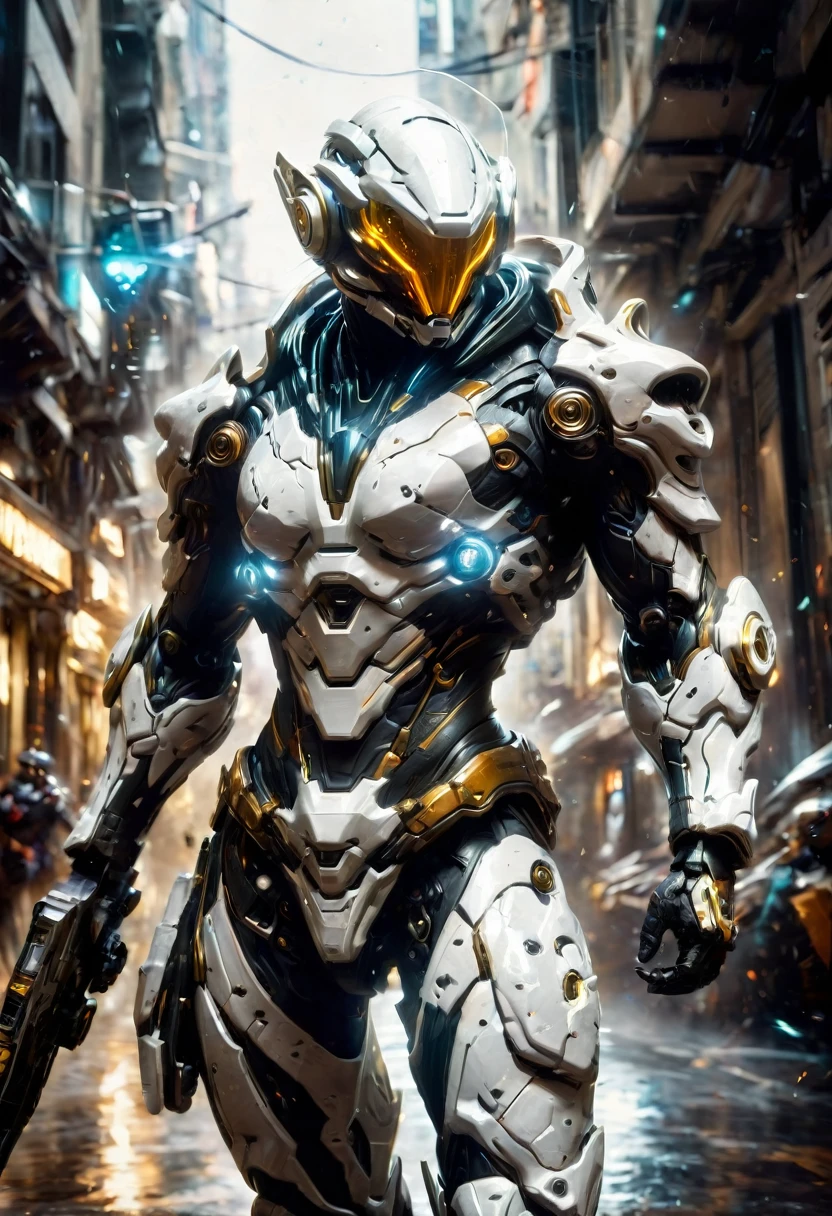 Tight Combat Suit, Warframe, weapon, run, Motion Blur, by raymond swanland, best quality, masterpiece, very aesthetic, perfect composition, intricate details, ultra-detailed