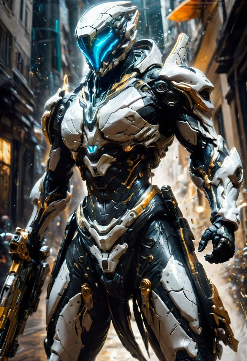 Tight Combat Suit, Warframe, weapon, run, Motion Blur, by raymond swanland, best quality, masterpiece, very aesthetic, perfect composition, intricate details, ultra-detailed