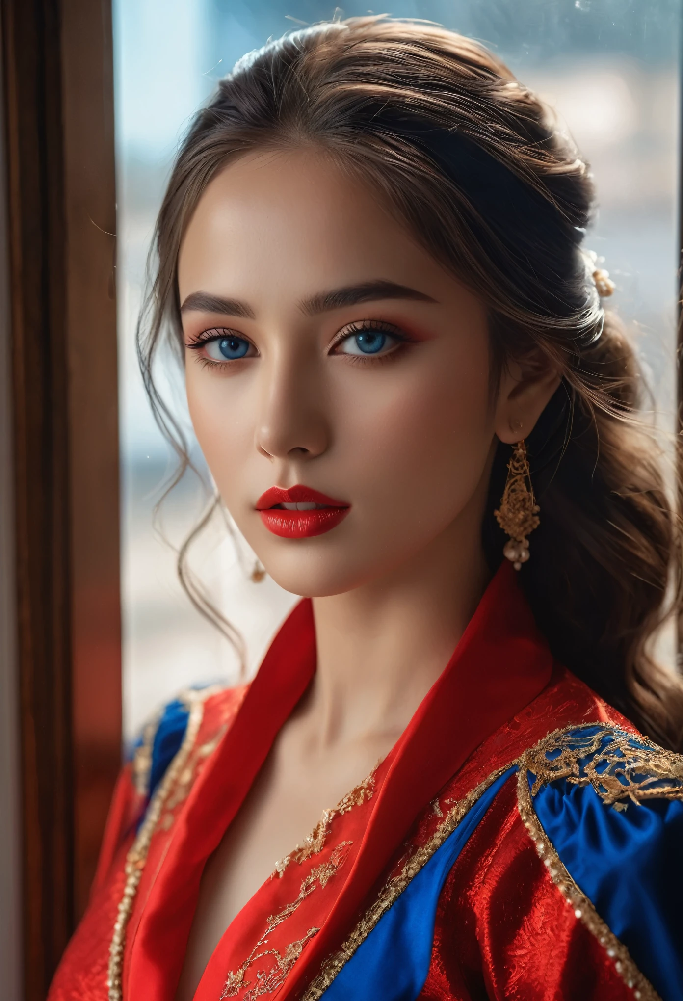 (highest quality, 4k, 8K, High resolution, masterpiece: 1.2), (Super detailed, realistic, realistic:1.37)Seductive young girl, Wearing a striking red and blue ensemble, Stand in front of the window with toughness and determination. Her mesmerizing eyes are exquisitely crafted, Capture every sparkle and depth, her lips、It boasts a detailed beauty that is captivating and enchanting.。. The level of detail is across the entire face, Each contour and feature is perfectly and meticulously rendered., Create a sense of hyperrealism that draws viewers in. 

girls&#39; clothes, Reminiscent of oil painting art, It is a work of art in itself. material, Skillfully expressed with vivid brush strokes, Adds a touch of dynamism to her overall look. It truly reflects the artist&#39;s talent, show off your skill