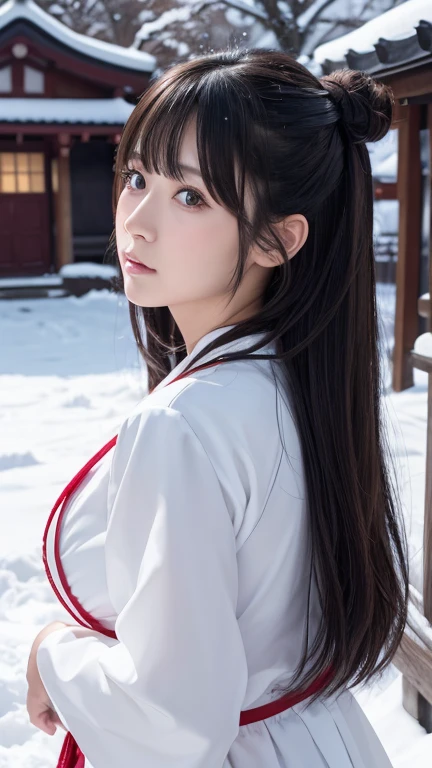 8K、Detailed Description、Very high definition、Realistic、reality的、Real、live-action、reality、High resolution、Nogizaka46、japanese idol,beautiful girl、21 years old、profile,Snow Scene、Dark brown eyes、japanese shrine maiden outfit,shurine,shrine、Shrine maiden、Shrine maidenの衣装、Mouth closed、Long Hair、Knee-up-top angle of view、Back view、look back、Very black hair、pretty girl、Beauty、Glowing Skin、Glowing Skin、Shiny Hair、Very white skin、Heavy makeup、Large Breasts、Slit eyes、Big Eyes、Double eyelids、Don't show your teeth、smile、clear