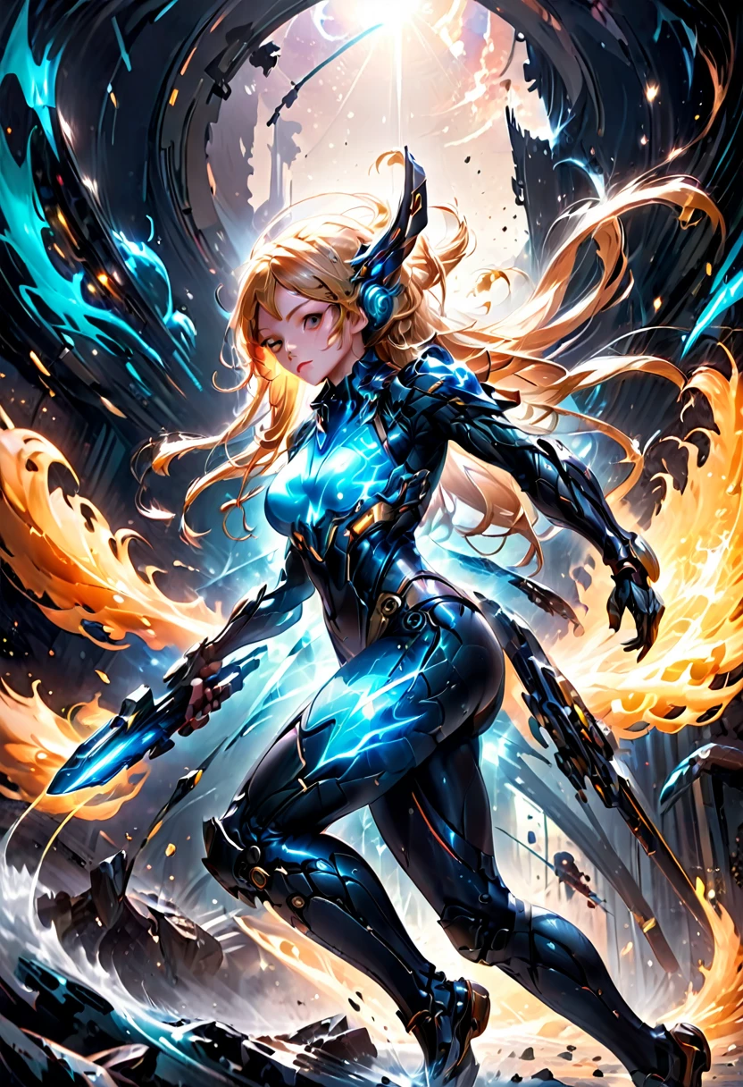 Tight Combat Suit, Warframe, weapon, run, Motion Blur, best quality, masterpiece, very aesthetic, perfect composition, intricate details, ultra-detailed