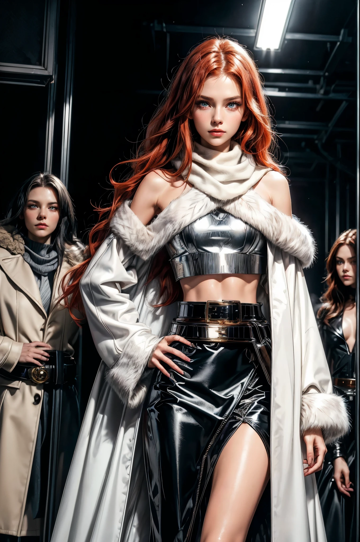 One woman with long orange and red hair , ( long wavy hair) lore_Emma , blue eyes , dark eyeliner, light smile, alluring look, gorgeous face , super cute, 18 years old , hyper detailed face, (slim figure , large breast, thin waist), (((hands on hip))), (wearing a pvc black sweater), (short black pvc skirt), (((two rmetal decorative designer belt))), slightly revealing midriff, single bare shoulder, (white silk scarf), ((open silver fur coat)), ((silver colored coat)), ((coat with fur))