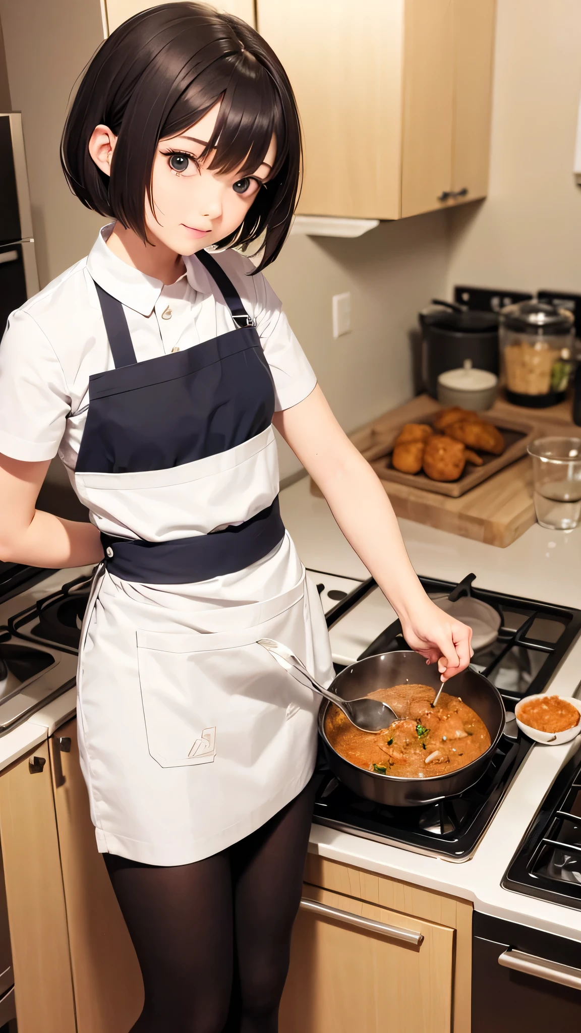 a 18 years old woman holding a meal in a plate, skirt outfit, kitchen background