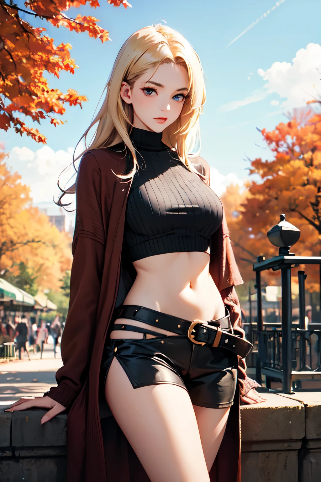 best quality, masterpiece, high resolution, steam punk,//A park filled with autumn foliage, lady wearing cropped shirt, cozy blanket, blonde hair, sexy pose, sexy body,