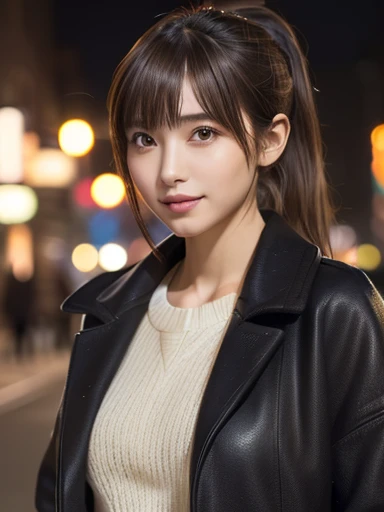 1 Japanese girl,(Stylish coat:1.4),(wearing a coat over a sweater),((Neat Fashion)) (RAW Photos, highest quality), (Realistic, Photorealistic:1.4), Tabletop, Very delicate and beautiful, Very detailed, 8k wallpaper, wonderful, In detail, Very detailedなCG Unity, High resolution, Soft Light, Beautiful details 25 years old, Very detailedな目と顔, Beautifully detailed nose, ((Beautiful fine details,Looking at this)), Cinema Lighting,City lights at night,((Perfect Anatomy),Slender body, Large Breasts:1.3), smile (My hair is messy, Asymmetrical bangs, Dark brown hair,ponytail:1.4)