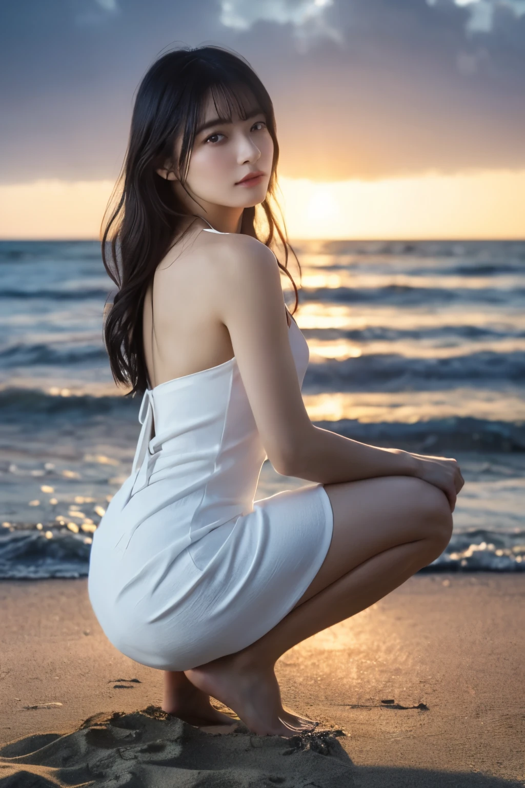 1 girl, (Wear a clean white summer dress:1.3), Very beautiful Japanese idol portraits, 
(RAW Photos, highest quality), (Realistic, Realistic:1.4), (masterpiece), 
Very delicate and beautiful, Very detailed, 2k wallpaper, wonderful, finely, Very detailed CG Unity 8K 壁紙, Very detailed, High resolution, Soft Light, 
Beautiful detailed girl, Very detailed目と顔, Beautiful and sophisticated nose, finelyて美しい目, Cinema Lighting, 
(Fashion magazine photography:1.3), (Sunset at sea), (The deep indigo of the night sky contrasts with the last vestiges of crimson near the horizon.:1.3), (Dark Background), (Swaying Waves), 
(Semi-long hair), (The girl is squatting on the beach:1.4), (Silhouette of a girl),
Complete Anatomy, Slender body, Small breasts