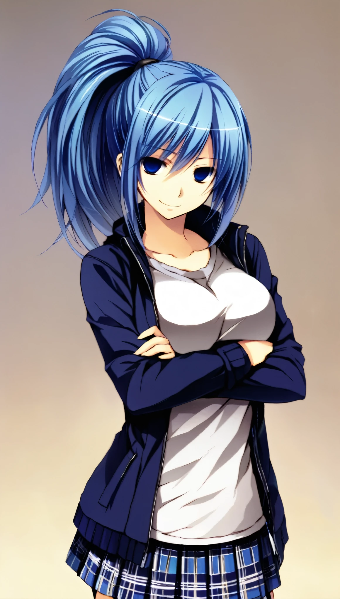 masterpiece, best quality, early, 1girl, solo, adult, blue hair, big hair, ponytail, blue eyes, empty eyes, jacket, plaid skirt, large breasts, standing, crossed arms, smile, looking at viewer