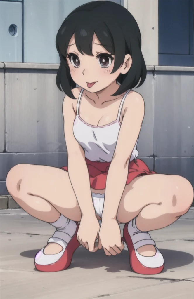 Shizuka-chan、She lifts her skirt to show her panties、White panties、Erotic pose、Ample breasts、White panties in full view、Stick your tongue out of your mouth、Crouching、Squatting and panties visible、M-shaped legs、Panties in full view