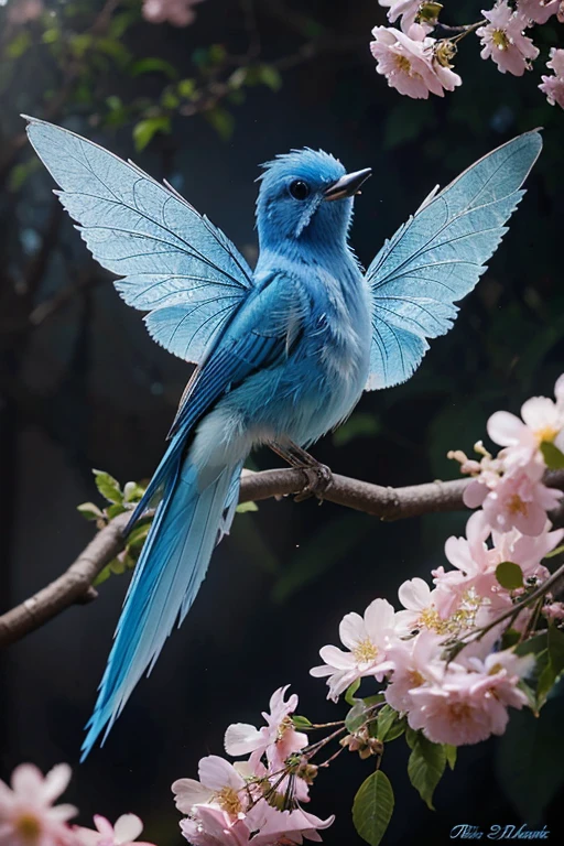 A blue fairy bird with rainbow wings sits on a flowering tree branch