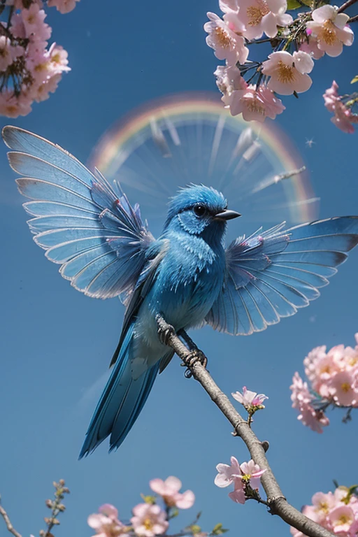 A blue fairy bird with rainbow wings sits on a flowering tree branch