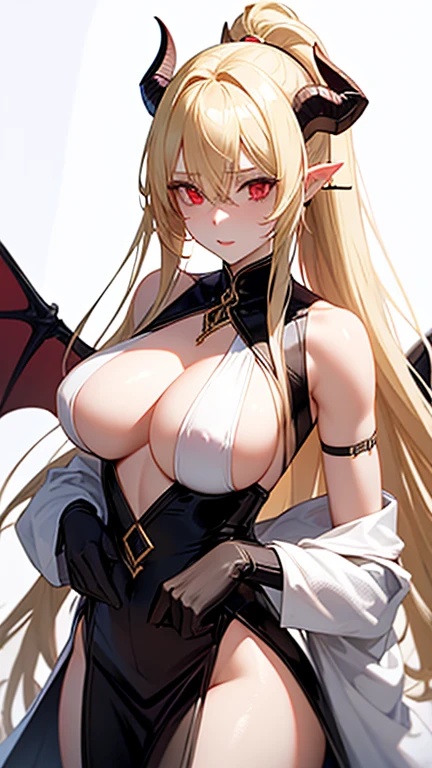 1 succubus girl, white dress, blonde hair, pale skin, high ponytail, hair between eyes, red eyes , big breast, brown horns,