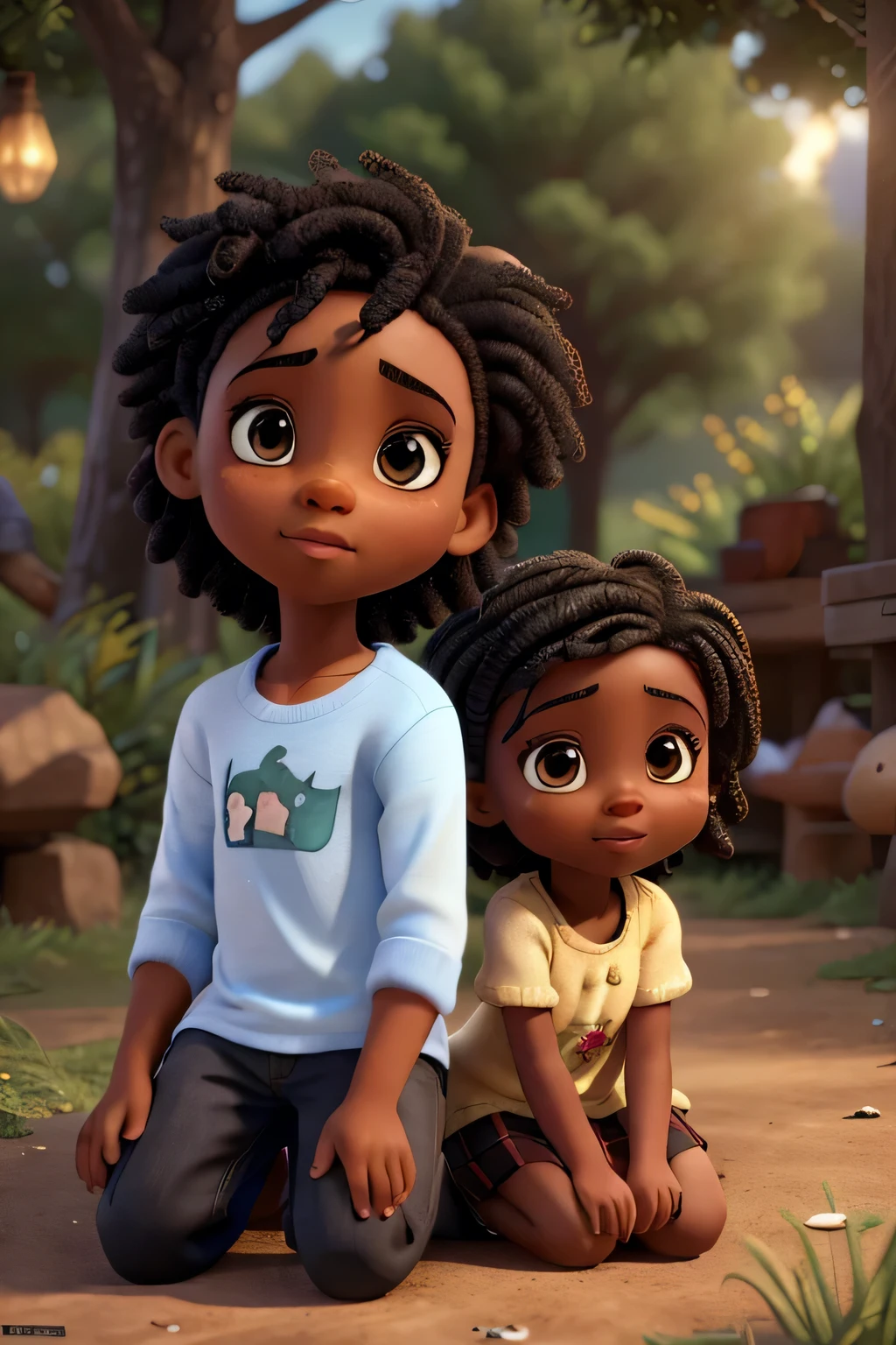 a young black boy and girl sitting on the ground, cute children, beautiful detailed eyes, beautiful detailed lips, extremely detailed eyes and face, long eyelashes, warm lighting, soft focus, vibrant colors, detailed clothing, peaceful expression, (best quality,4k,8k,highres,masterpiece:1.2),ultra-detailed,(realistic,photorealistic,photo-realistic:1.37),cinematic lighting,natural setting,lush greenery,detailed background