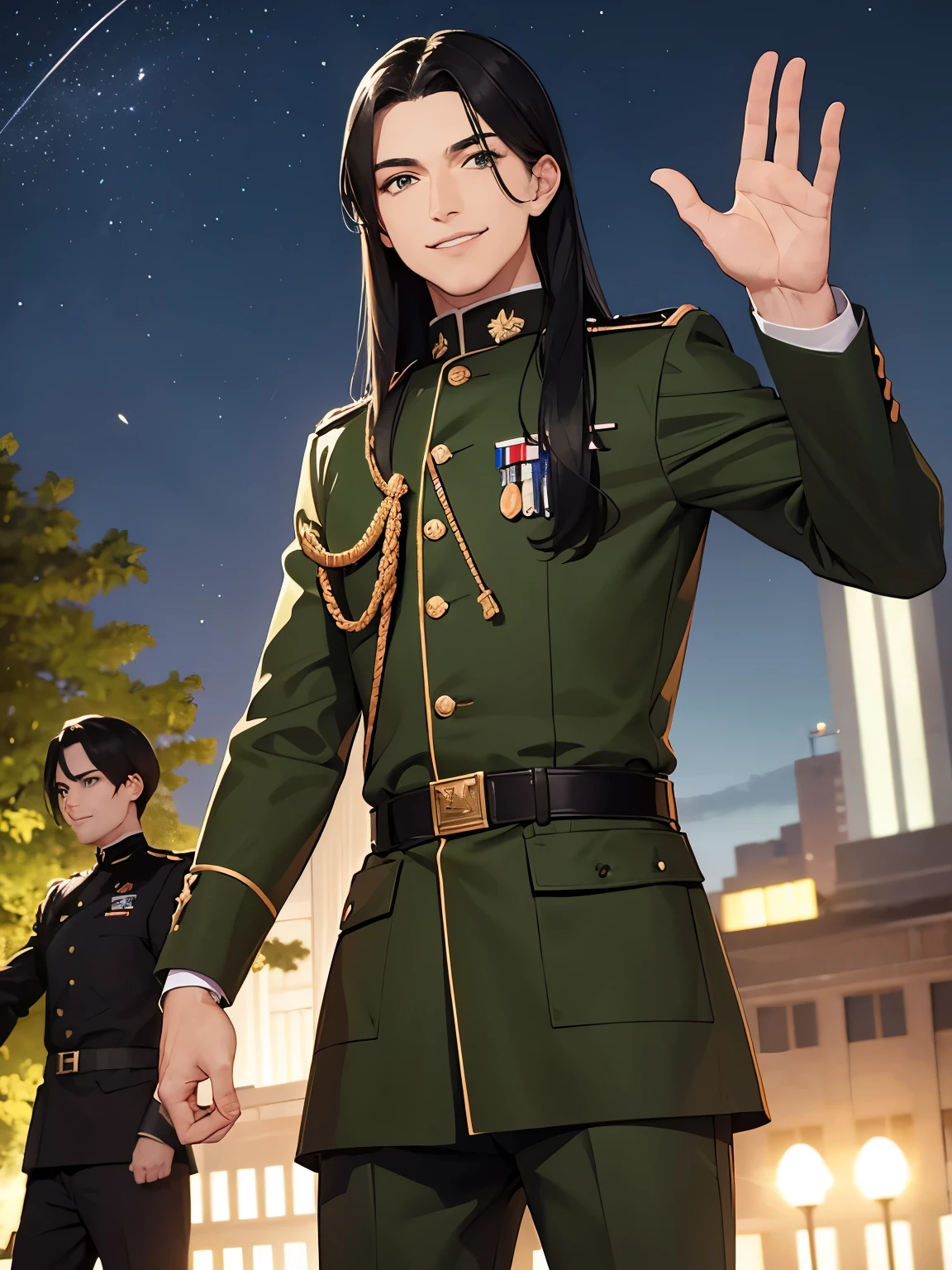 1adult men,Black hair, straight hair, long hair,green eyes,Army uniform, waving, smiling, standing in the park, night, half body photo