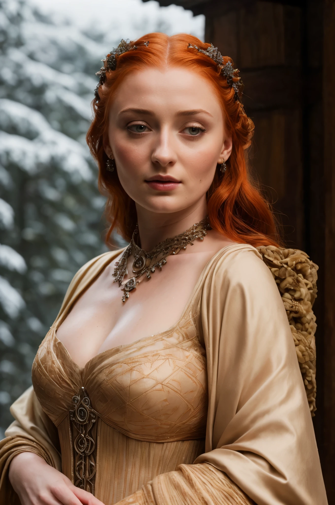 Face of Sophie Turner, Sansa Stark played by Sophie Turner, the de facto Lady of the Eyrie, is a 40-year-old mature queen with a stunning, alluring appearance. Full Face, pierced eyes, reddish lips, upper body shot, erotic Mediaeval costumes, game of thrones costumes, She wears a Game of Thrones-inspired costume and has a deep cleavage, a perfect thick body, and a perfect thick figure. The photograph captures her in a close-up, with her skin texture and facial features being ultra-realistic and realistic. Juicy thick figure, high quality skin, Skin pores, amazing details, snow, snow flakes, semi realistic, extremely detailed eyes, dark moody orange and black settings, cool environment, artificial intelligence